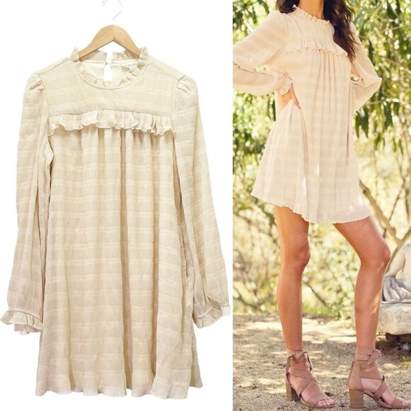 NWT Roolee Chiffon Ruffled Long Sleeve Babydoll Dress Vanilla Cream Size Medium - Picture 1 of 15